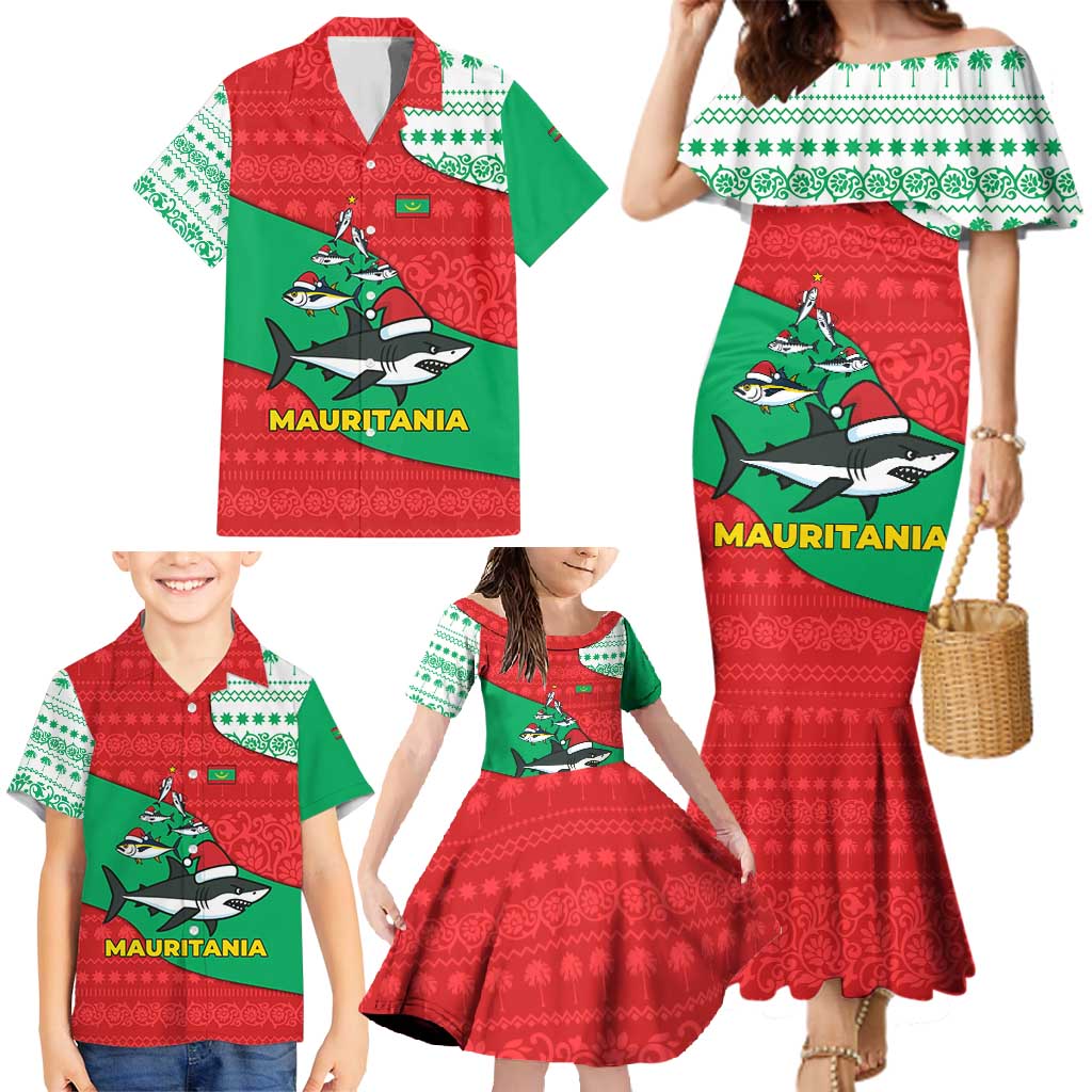 Mauritania Christmas Family Matching Mermaid Dress and Hawaiian Shirt with Santa Sharks Festive Fish Pattern and Red Green Holiday Design - Wonder Print Shop