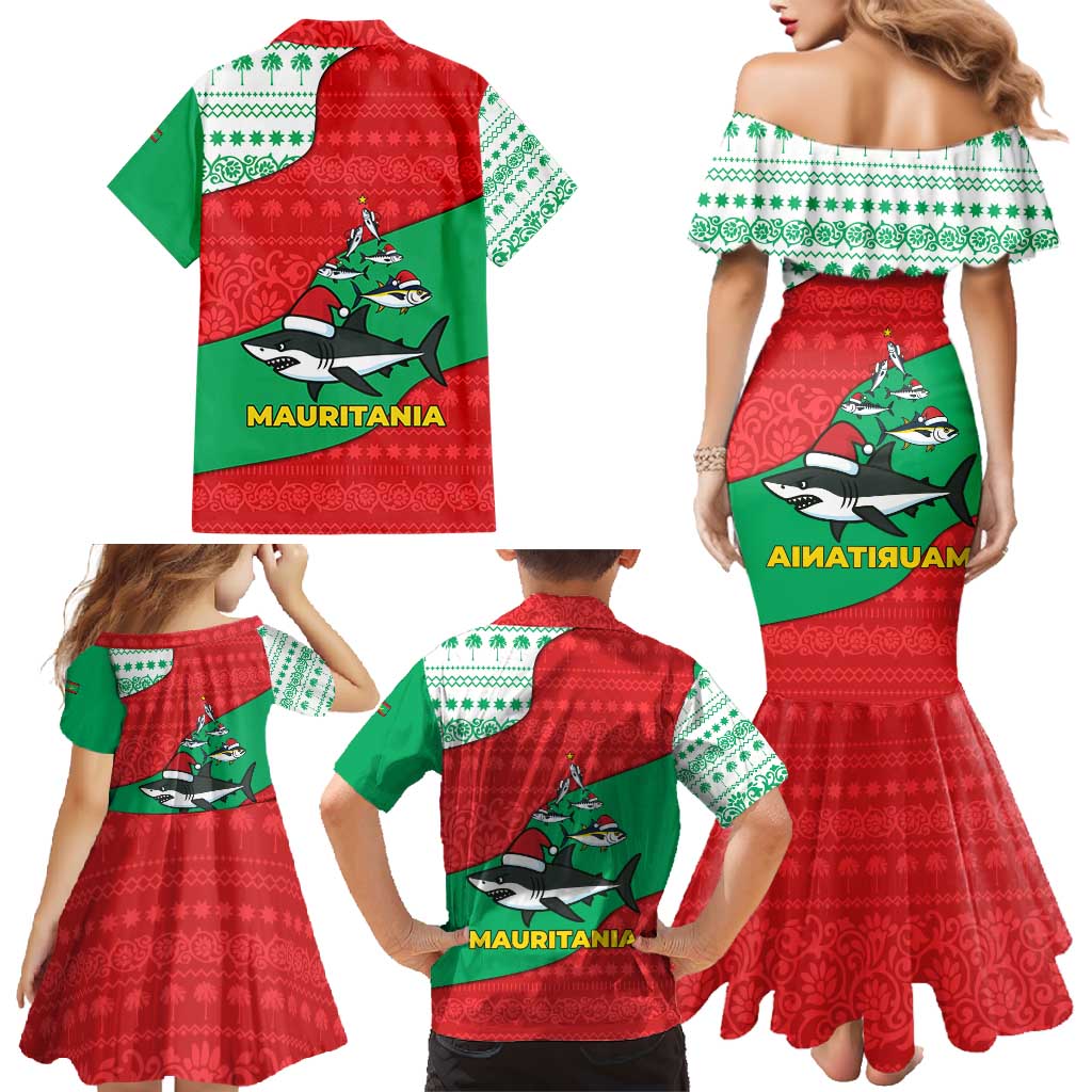 Mauritania Christmas Family Matching Mermaid Dress and Hawaiian Shirt with Santa Sharks Festive Fish Pattern and Red Green Holiday Design - Wonder Print Shop