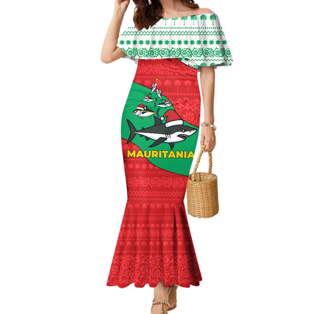 Mauritania Christmas Family Matching Mermaid Dress and Hawaiian Shirt with Santa Sharks Festive Fish Pattern and Red Green Holiday Design - Wonder Print Shop