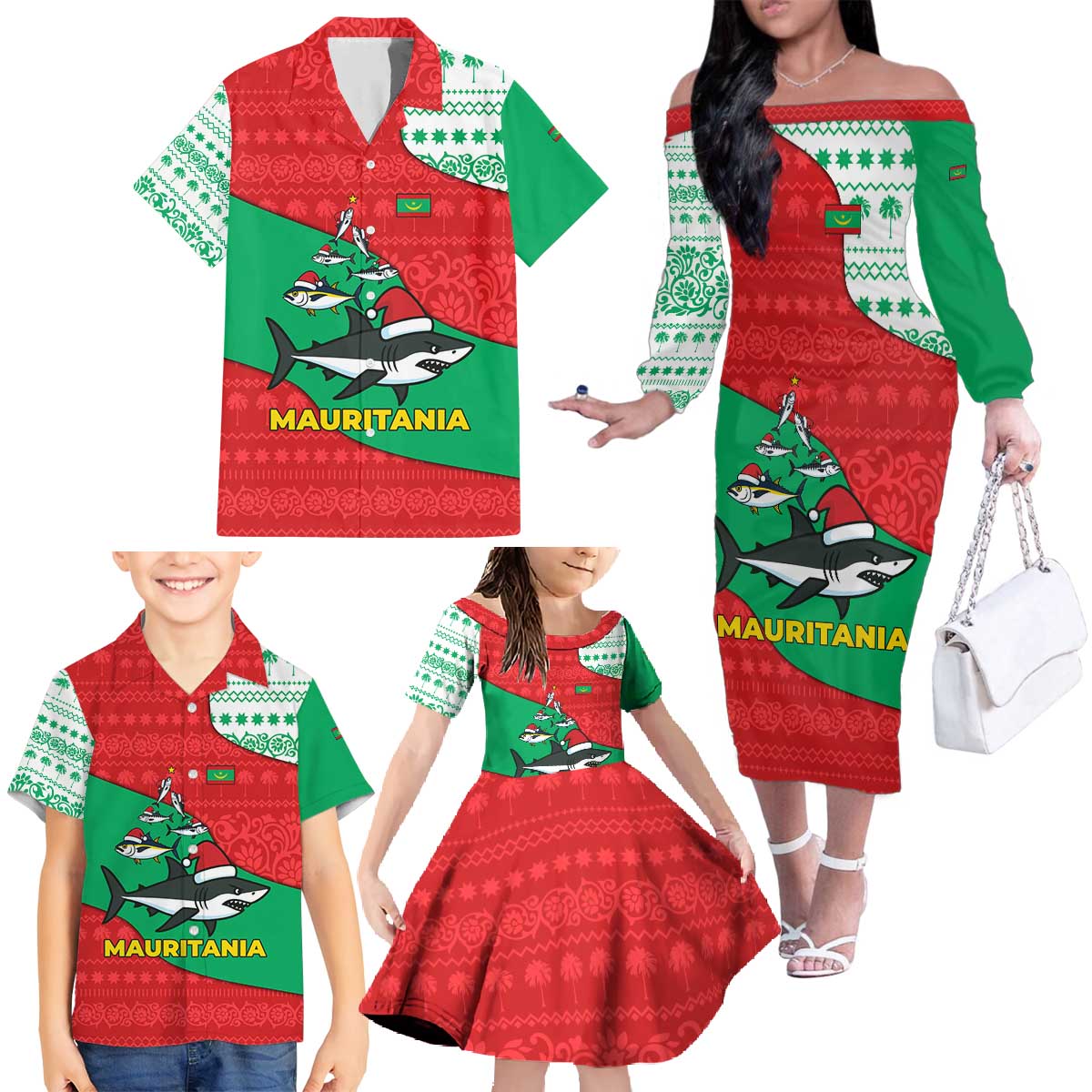 Mauritania Christmas Family Matching Off The Shoulder Long Sleeve Dress and Hawaiian Shirt with Santa Sharks Festive Fish Pattern and Red Green Holiday Design - Wonder Print Shop