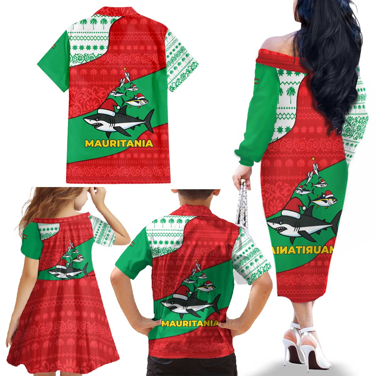 Mauritania Christmas Family Matching Off The Shoulder Long Sleeve Dress and Hawaiian Shirt with Santa Sharks Festive Fish Pattern and Red Green Holiday Design - Wonder Print Shop
