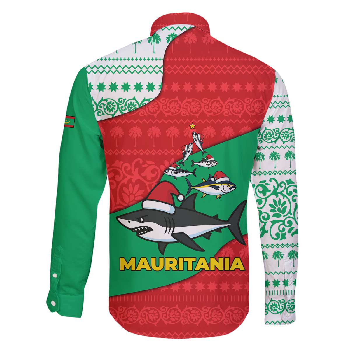 Mauritania Christmas Family Matching Off The Shoulder Long Sleeve Dress and Hawaiian Shirt with Santa Sharks Festive Fish Pattern and Red Green Holiday Design - Wonder Print Shop