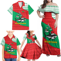 Mauritania Christmas Family Matching Off Shoulder Maxi Dress and Hawaiian Shirt with Santa Sharks Festive Fish Pattern and Red Green Holiday Design - Wonder Print Shop
