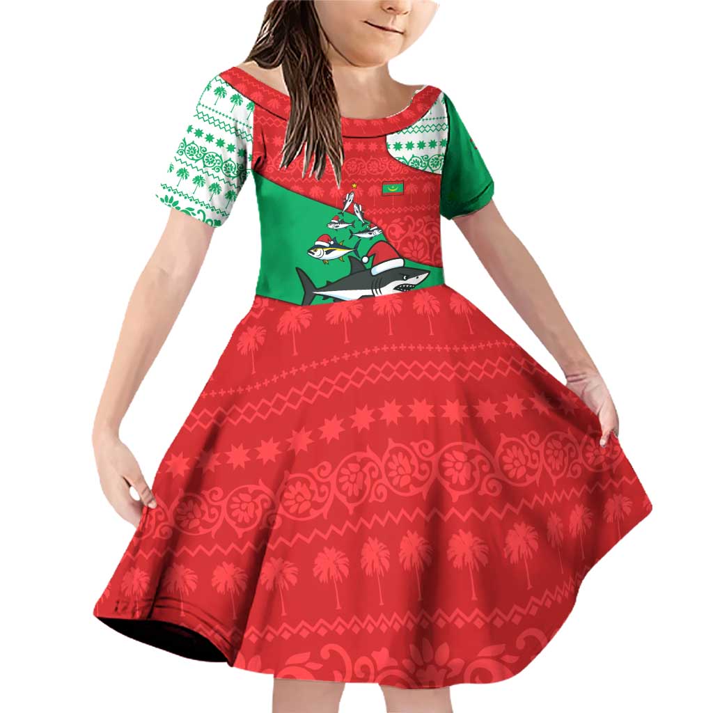 Mauritania Christmas Family Matching Off Shoulder Short Dress and Hawaiian Shirt with Santa Sharks Festive Fish Pattern and Red Green Holiday Design - Wonder Print Shop
