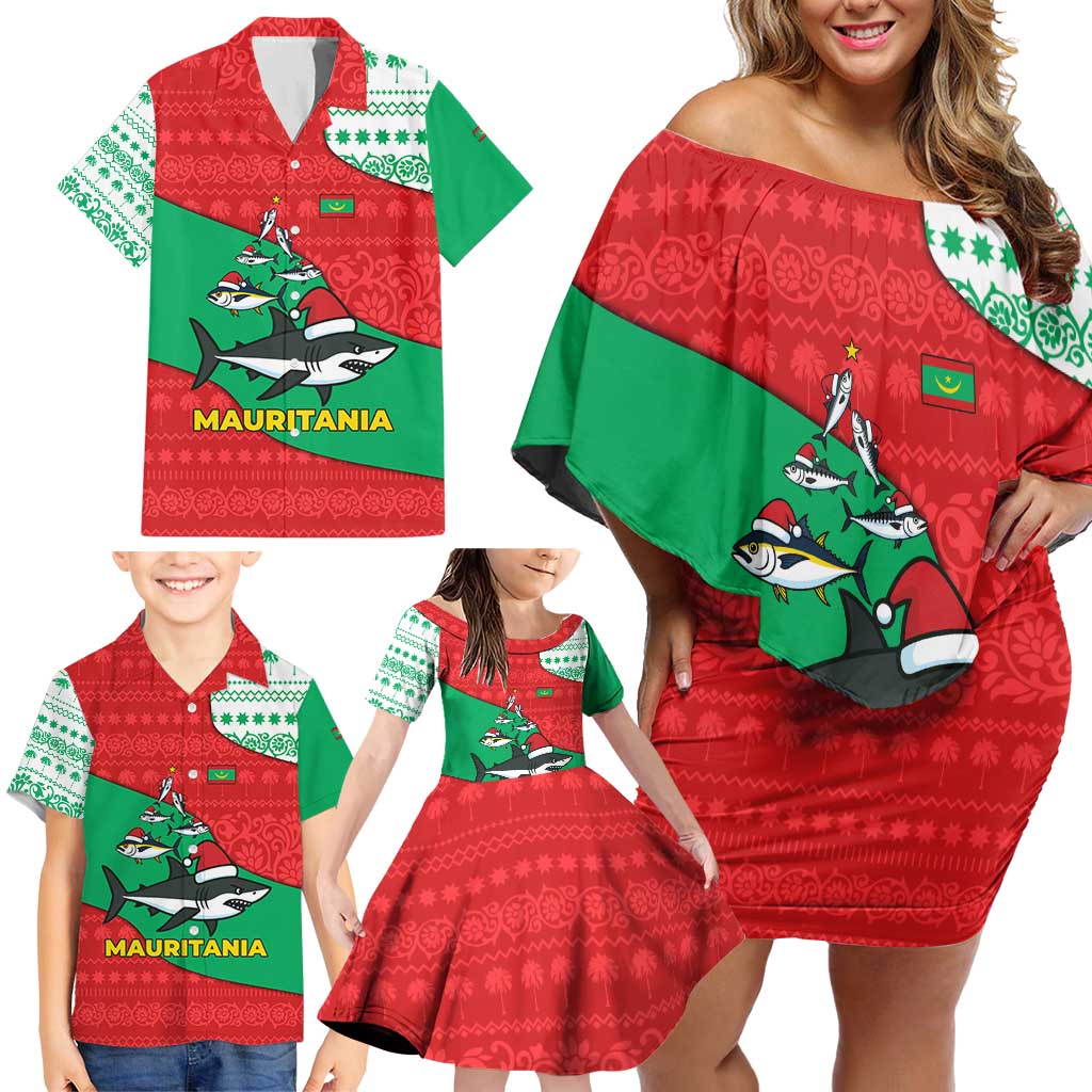 Mauritania Christmas Family Matching Off Shoulder Short Dress and Hawaiian Shirt with Santa Sharks Festive Fish Pattern and Red Green Holiday Design - Wonder Print Shop