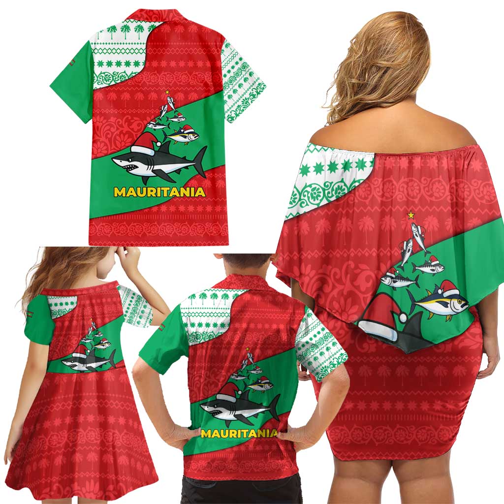 Mauritania Christmas Family Matching Off Shoulder Short Dress and Hawaiian Shirt with Santa Sharks Festive Fish Pattern and Red Green Holiday Design - Wonder Print Shop