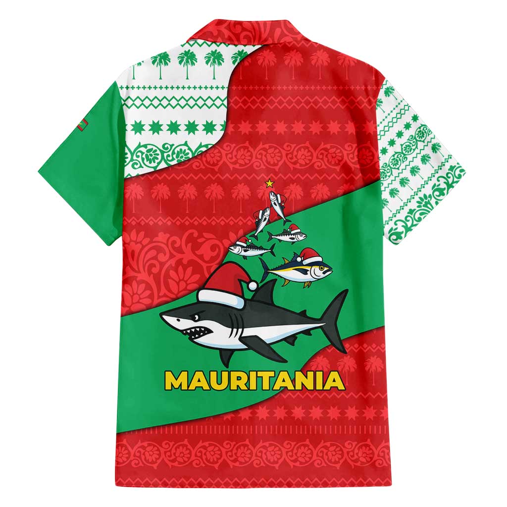 Mauritania Christmas Family Matching Off Shoulder Short Dress and Hawaiian Shirt with Santa Sharks Festive Fish Pattern and Red Green Holiday Design - Wonder Print Shop