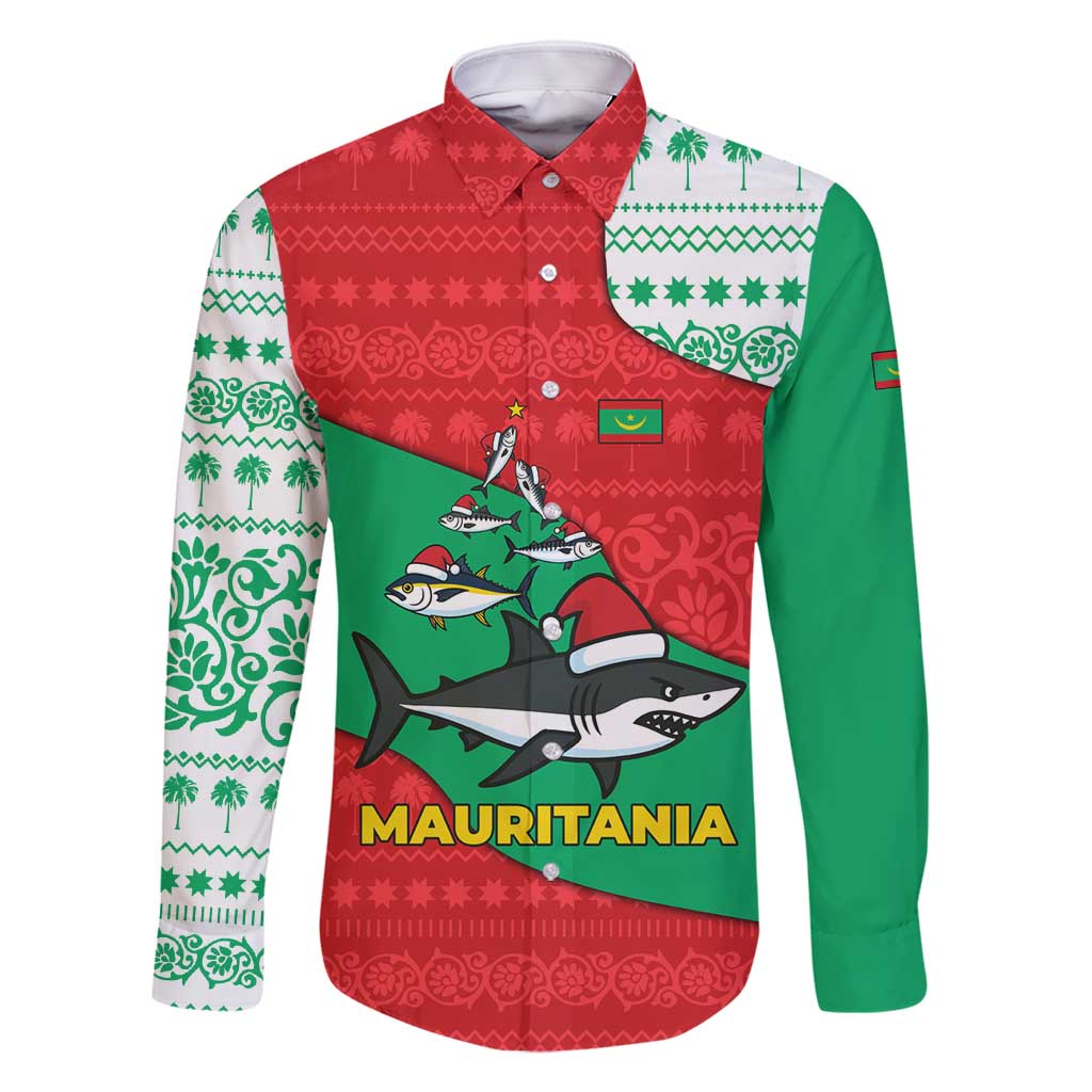 Mauritania Christmas Family Matching Off Shoulder Short Dress and Hawaiian Shirt with Santa Sharks Festive Fish Pattern and Red Green Holiday Design - Wonder Print Shop
