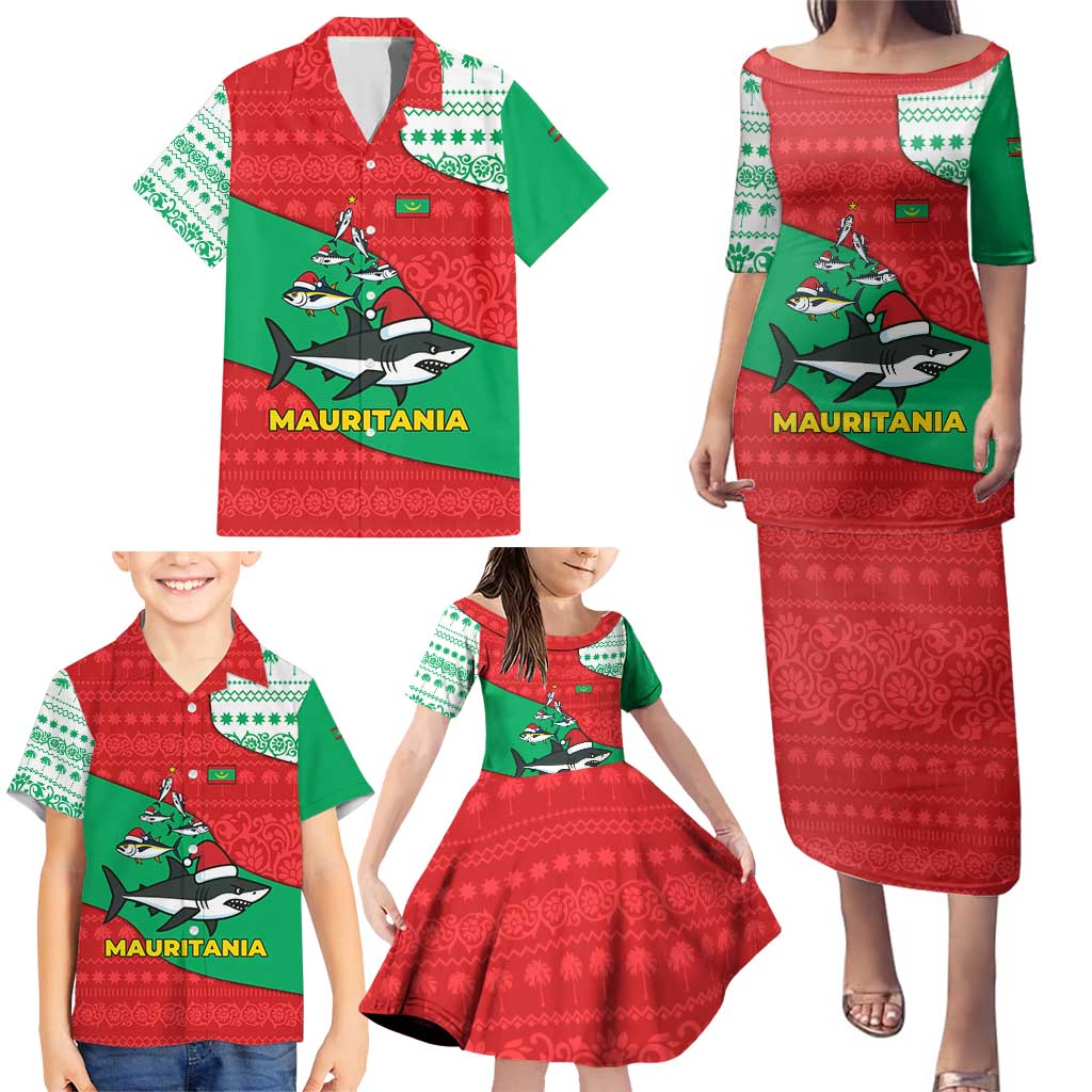 Mauritania Christmas Family Matching Puletasi and Hawaiian Shirt with Santa Sharks Festive Fish Pattern and Red Green Holiday Design - Wonder Print Shop