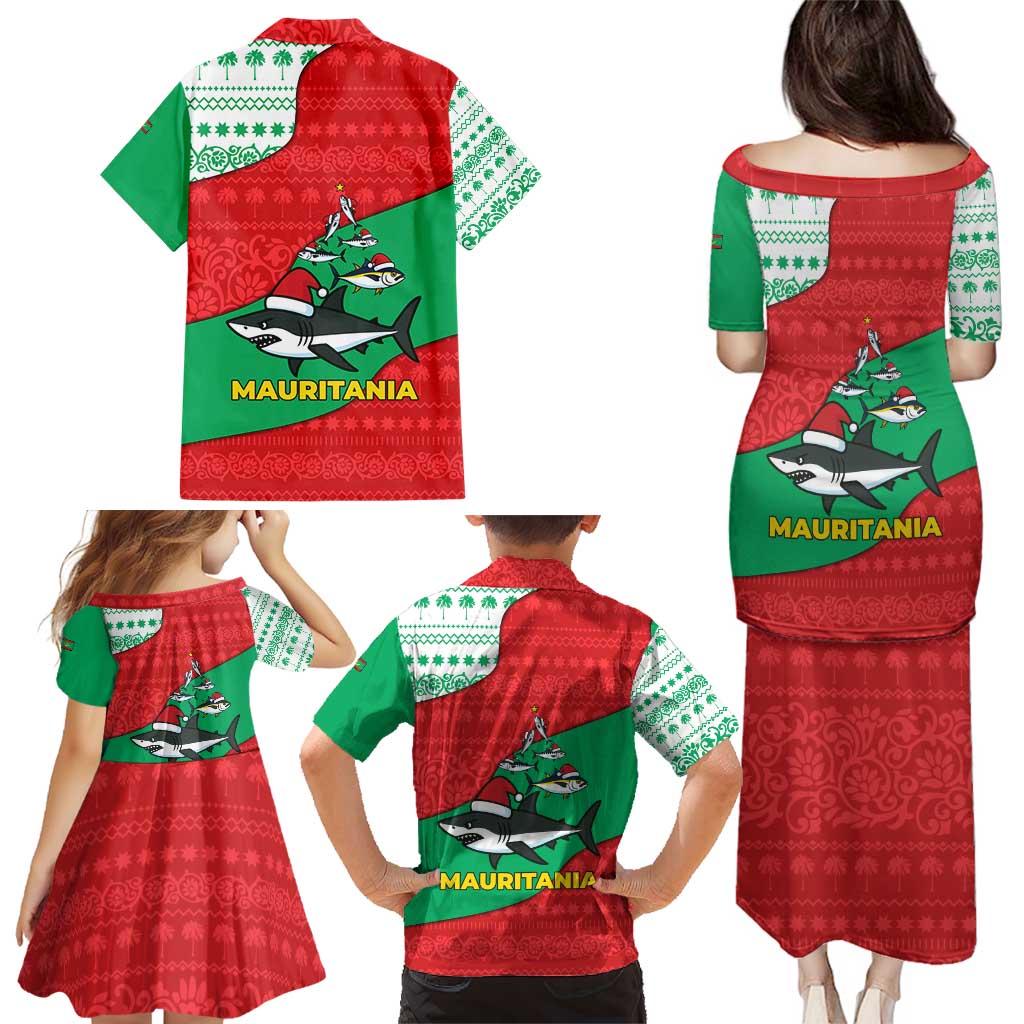 Mauritania Christmas Family Matching Puletasi and Hawaiian Shirt with Santa Sharks Festive Fish Pattern and Red Green Holiday Design - Wonder Print Shop