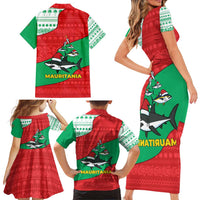 Mauritania Christmas Family Matching Short Sleeve Bodycon Dress and Hawaiian Shirt with Santa Sharks Festive Fish Pattern and Red Green Holiday Design - Wonder Print Shop
