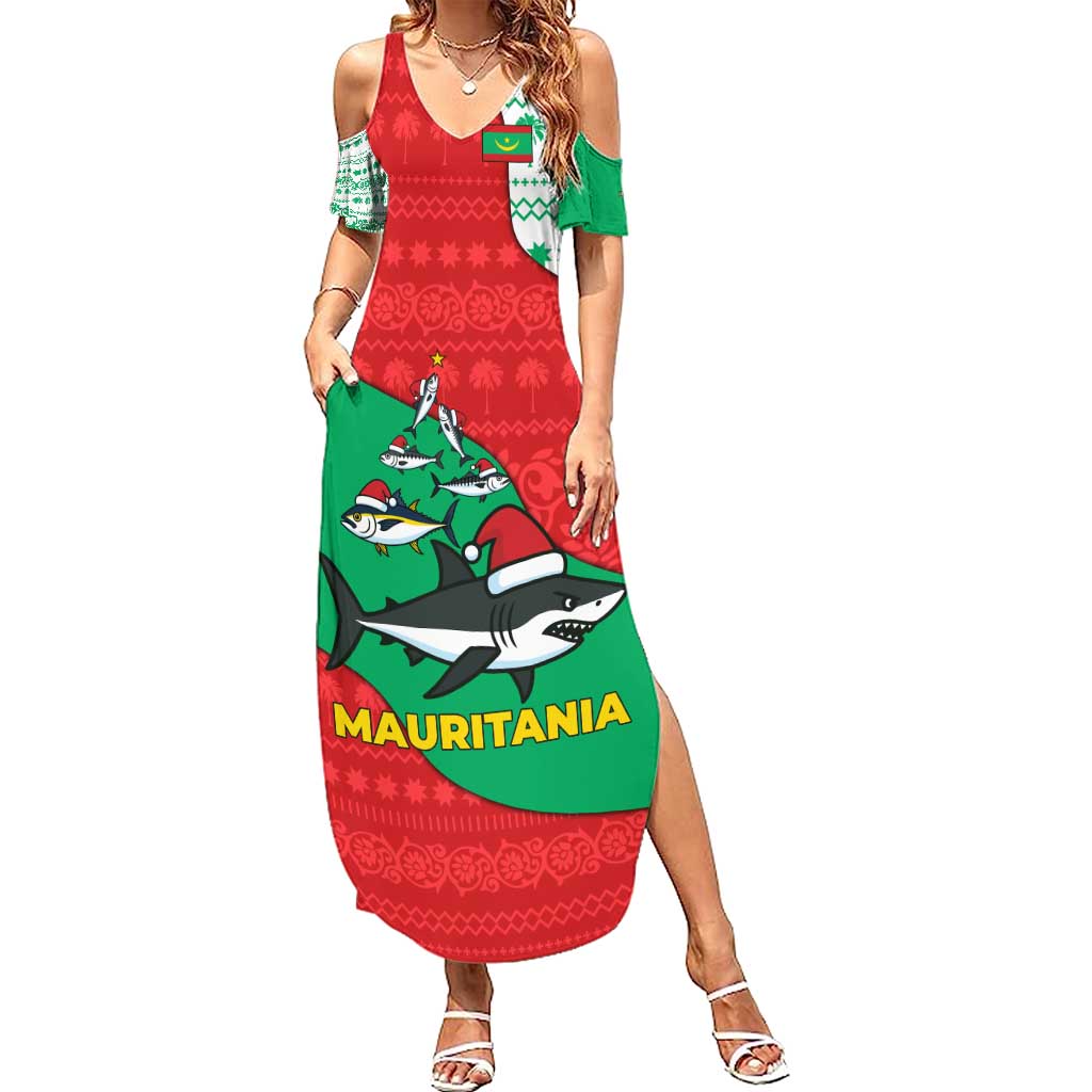 Mauritania Christmas Family Matching Summer Maxi Dress and Hawaiian Shirt with Santa Sharks Festive Fish Pattern and Red Green Holiday Design - Wonder Print Shop