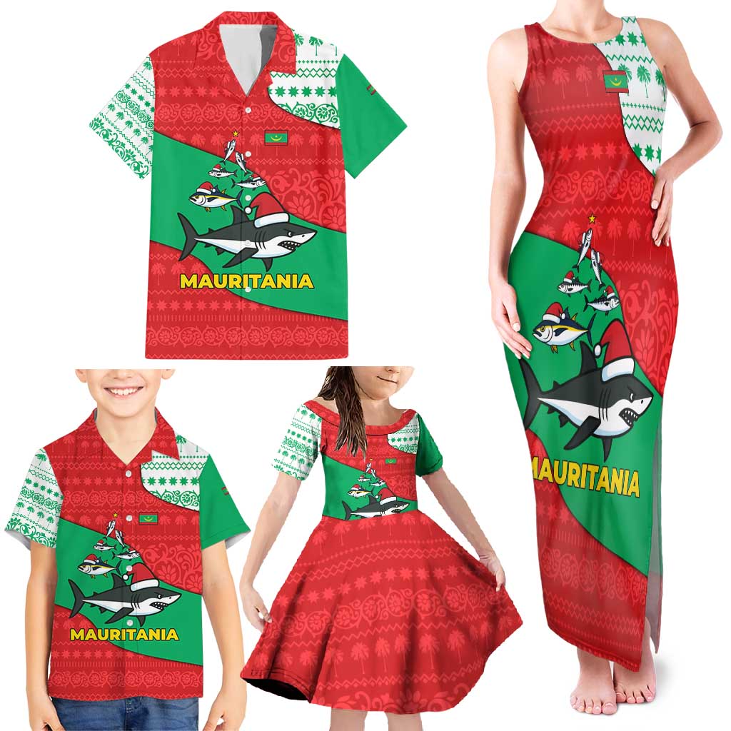 Mauritania Christmas Family Matching Tank Maxi Dress and Hawaiian Shirt with Santa Sharks Festive Fish Pattern and Red Green Holiday Design - Wonder Print Shop