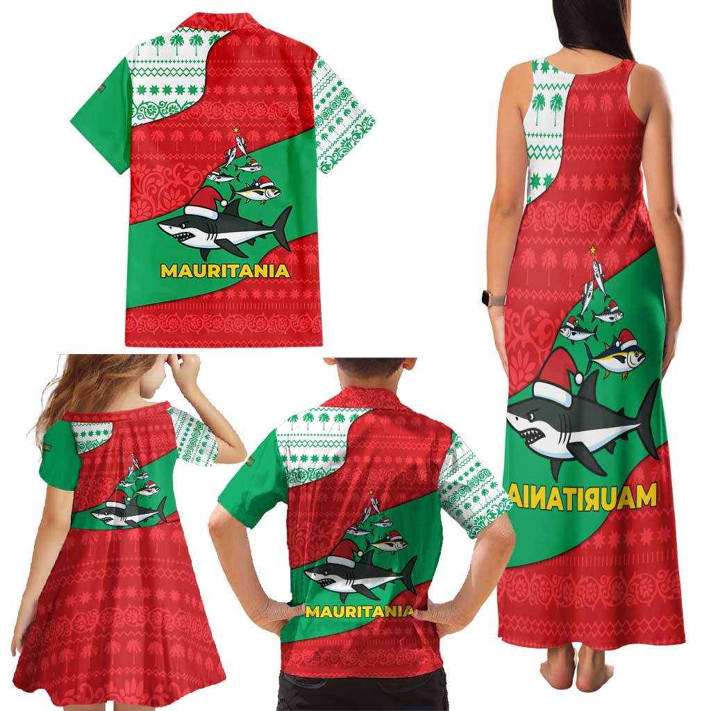 Mauritania Christmas Family Matching Tank Maxi Dress and Hawaiian Shirt with Santa Sharks Festive Fish Pattern and Red Green Holiday Design - Wonder Print Shop