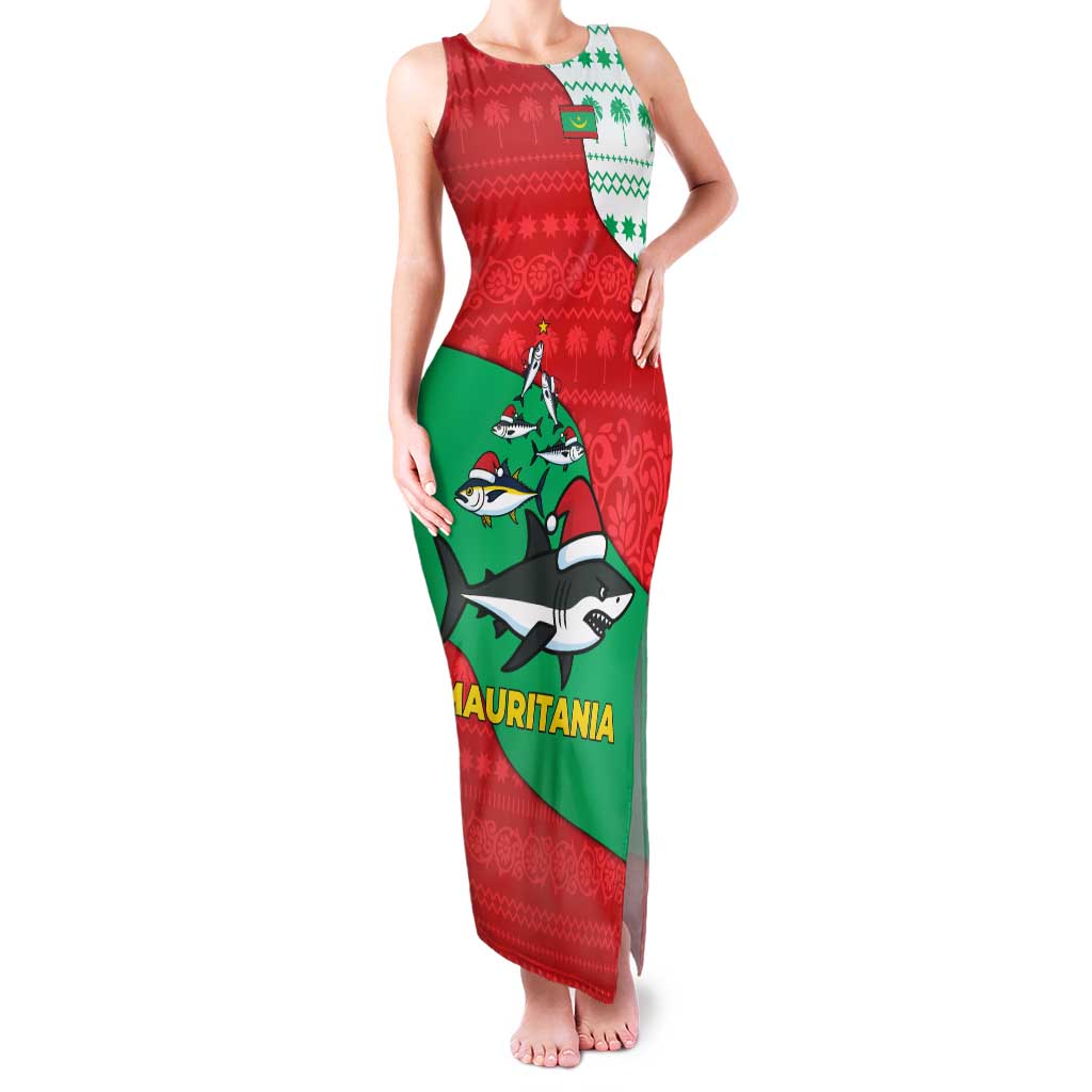 Mauritania Christmas Family Matching Tank Maxi Dress and Hawaiian Shirt with Santa Sharks Festive Fish Pattern and Red Green Holiday Design - Wonder Print Shop