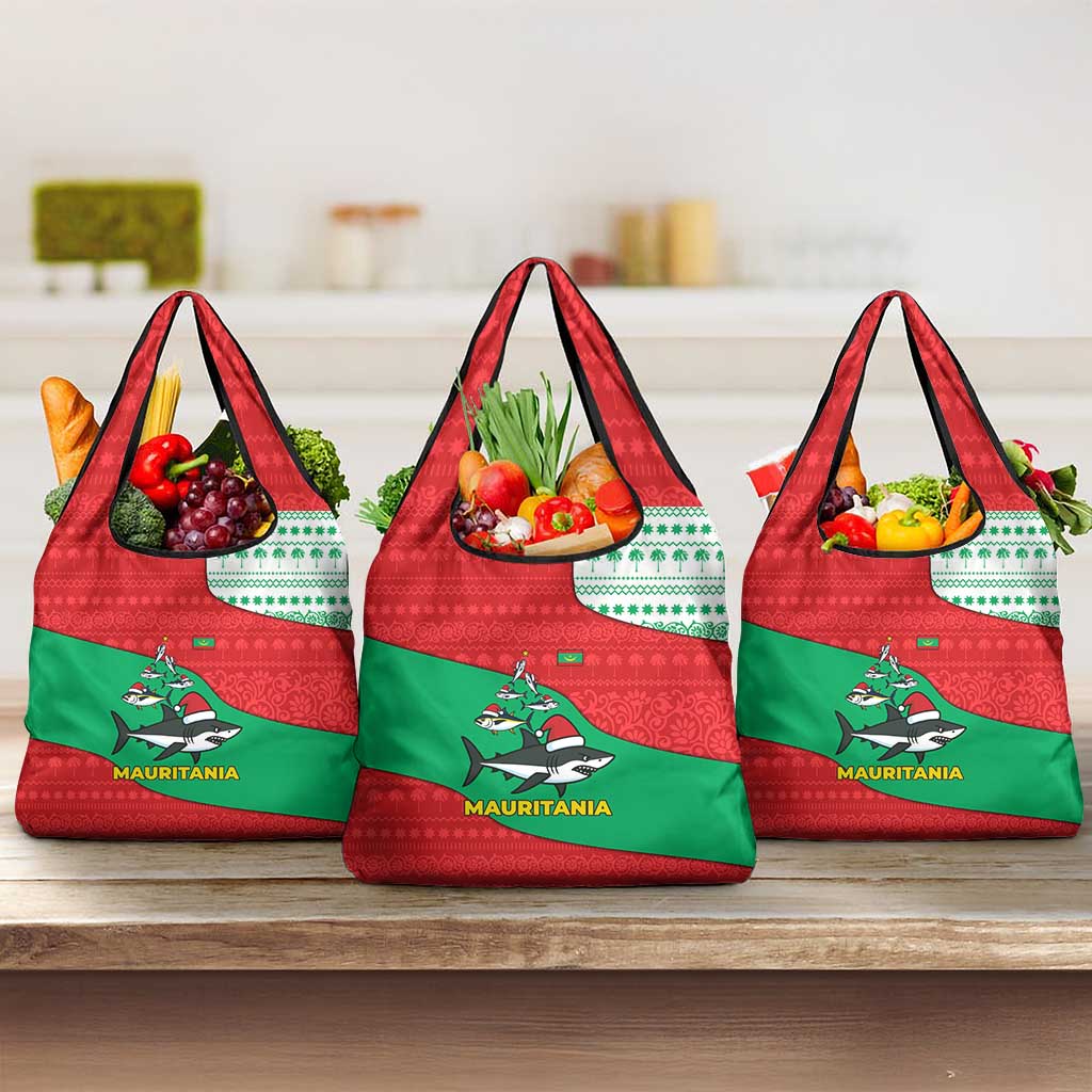 Mauritania Christmas Grocery Bag with Santa Sharks Festive Fish Pattern and Red Green Holiday Design - Wonder Print Shop