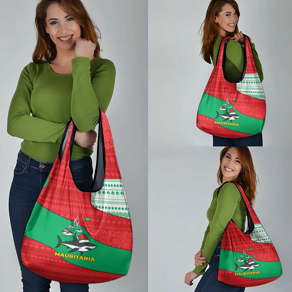 Mauritania Christmas Grocery Bag with Santa Sharks Festive Fish Pattern and Red Green Holiday Design - Wonder Print Shop