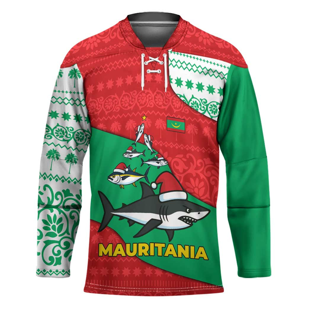 Mauritania Christmas Hockey Jersey with Santa Sharks Festive Fish Pattern and Red Green Holiday Design - Wonder Print Shop