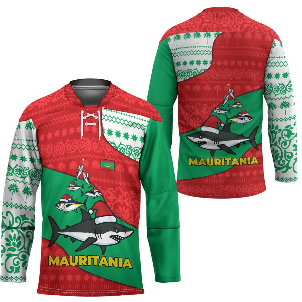 Mauritania Christmas Hockey Jersey with Santa Sharks Festive Fish Pattern and Red Green Holiday Design - Wonder Print Shop