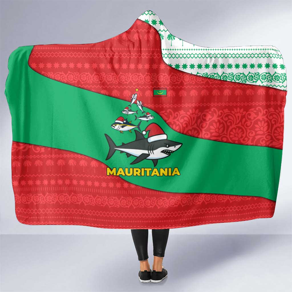 Mauritania Christmas Hooded Blanket with Santa Sharks Festive Fish Pattern and Red Green Holiday Design - Wonder Print Shop