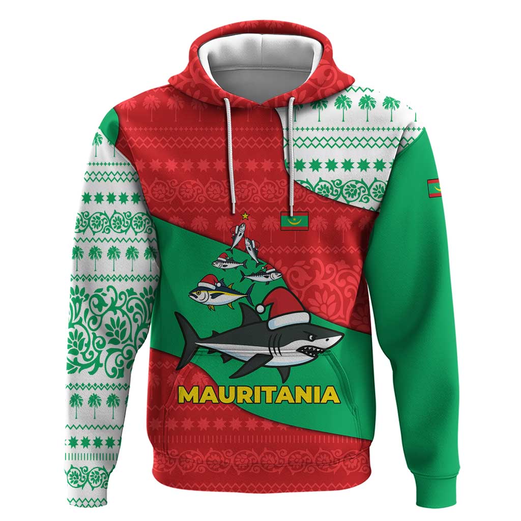 Mauritania Christmas Hoodie with Santa Sharks Festive Fish Pattern and Red Green Holiday Design - Wonder Print Shop