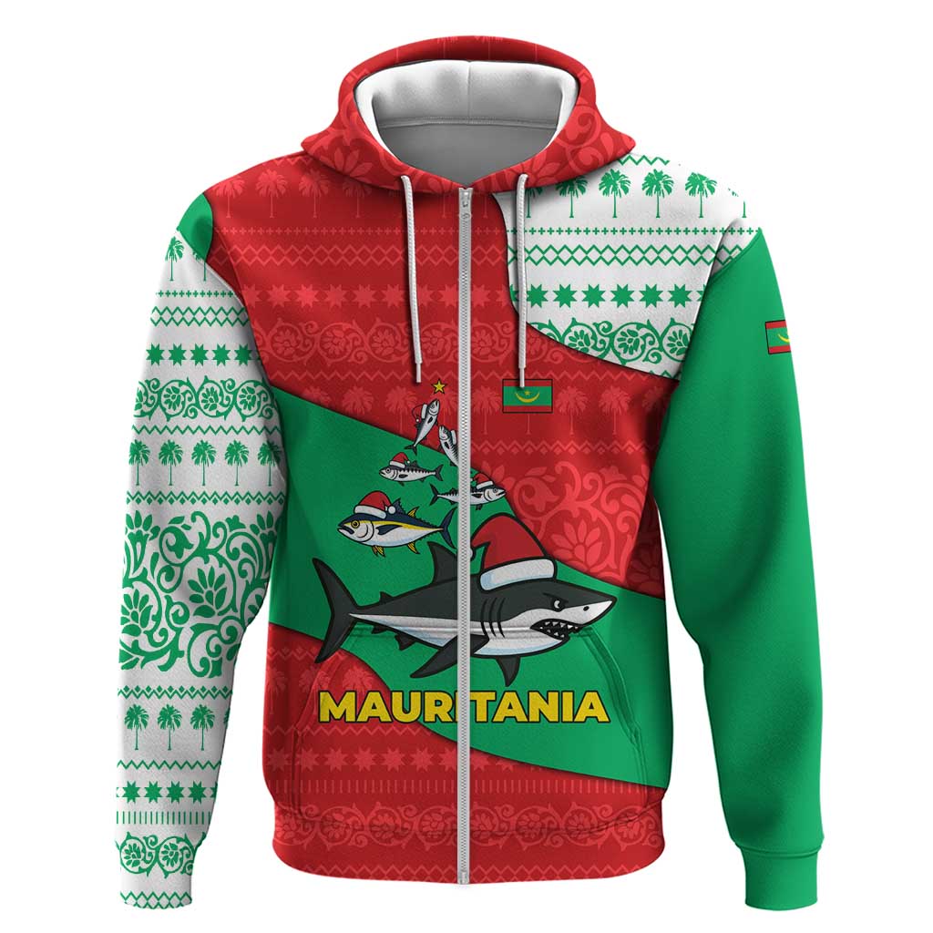Mauritania Christmas Hoodie with Santa Sharks Festive Fish Pattern and Red Green Holiday Design - Wonder Print Shop