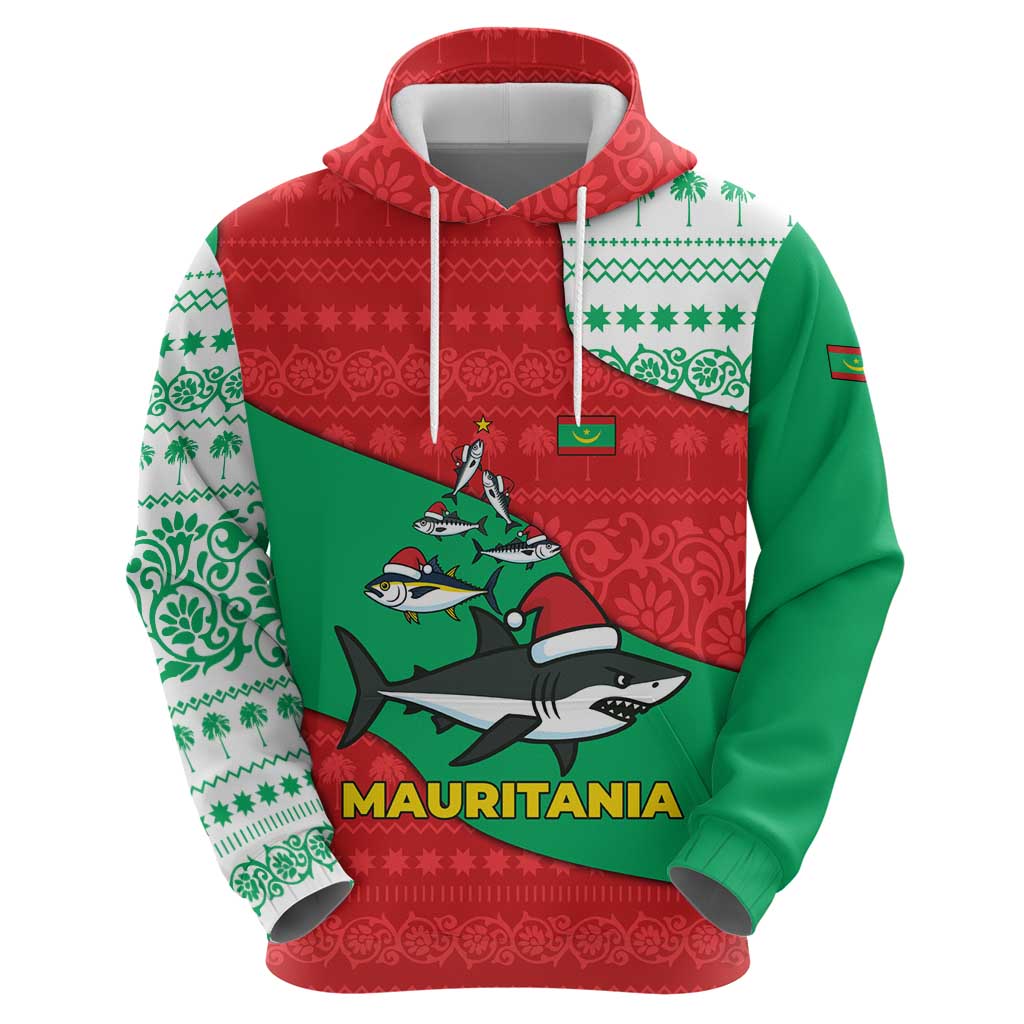 Mauritania Christmas Hoodie with Santa Sharks Festive Fish Pattern and Red Green Holiday Design - Wonder Print Shop