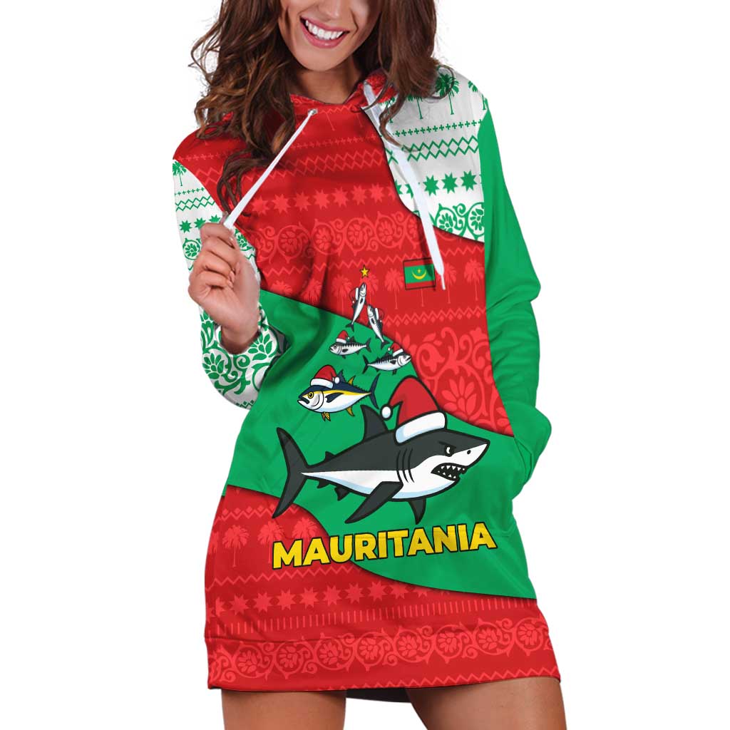 Mauritania Christmas Hoodie Dress with Santa Sharks Festive Fish Pattern and Red Green Holiday Design - Wonder Print Shop
