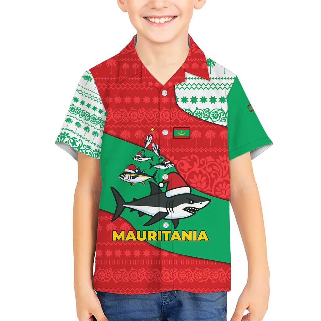 Mauritania Christmas Kid Hawaiian Shirt with Santa Sharks Festive Fish Pattern and Red Green Holiday Design - Wonder Print Shop
