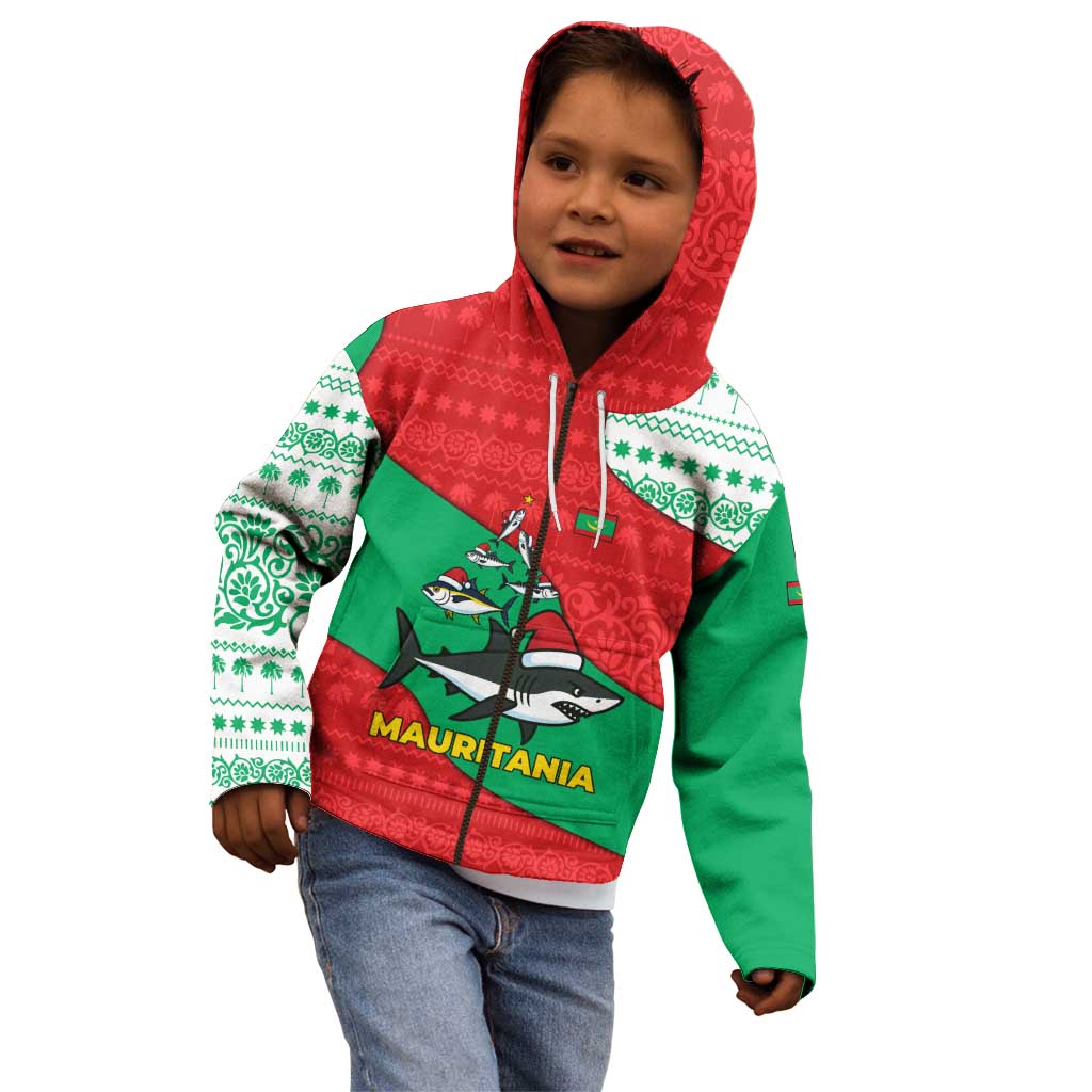 Mauritania Christmas Kid Hoodie with Santa Sharks Festive Fish Pattern and Red Green Holiday Design - Wonder Print Shop