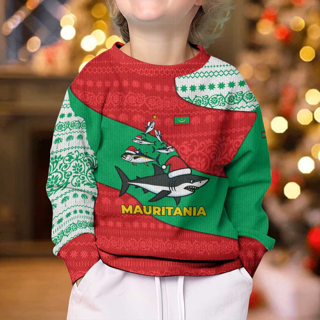 Mauritania Christmas Kid Ugly Christmas Sweater with Santa Sharks Festive Fish Pattern and Red Green Holiday Design - Wonder Print Shop
