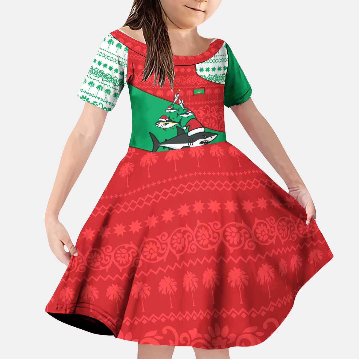 Mauritania Christmas Kid Short Sleeve Dress with Santa Sharks Festive Fish Pattern and Red Green Holiday Design - Wonder Print Shop