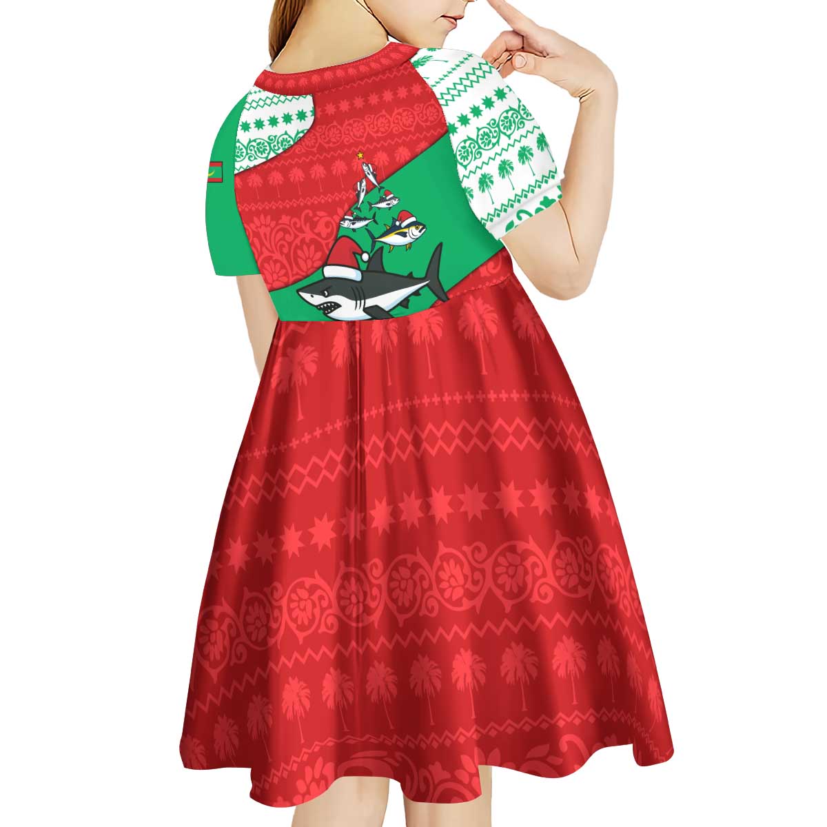 Mauritania Christmas Kid Short Sleeve Dress with Santa Sharks Festive Fish Pattern and Red Green Holiday Design - Wonder Print Shop
