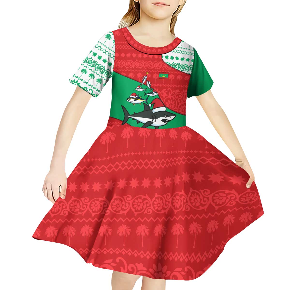 Mauritania Christmas Kid Short Sleeve Dress with Santa Sharks Festive Fish Pattern and Red Green Holiday Design - Wonder Print Shop