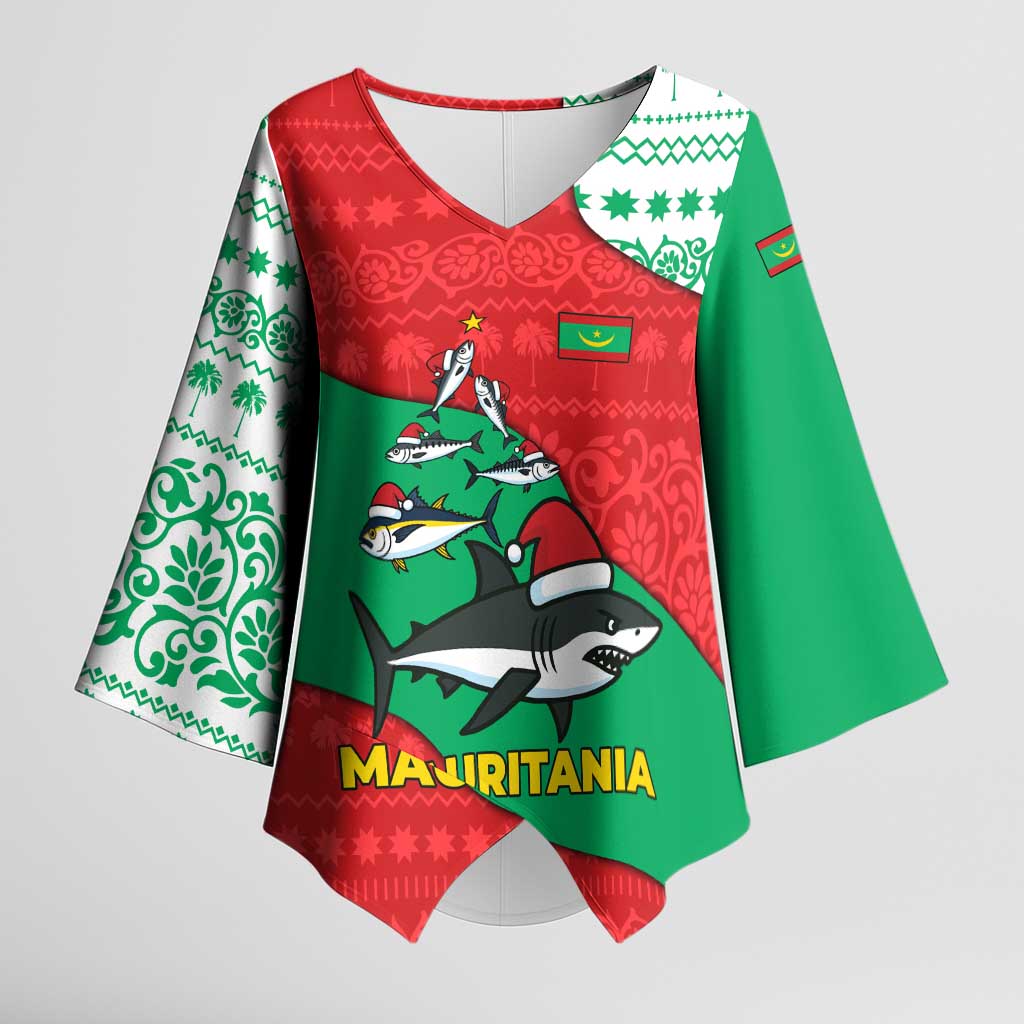 Mauritania Christmas Kimono Sleeve Blouse with Santa Sharks Festive Fish Pattern and Red Green Holiday Design - Wonder Print Shop