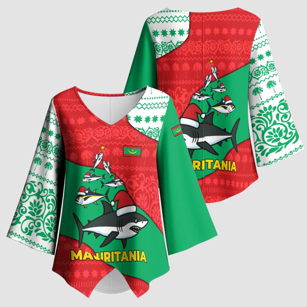 Mauritania Christmas Kimono Sleeve Blouse with Santa Sharks Festive Fish Pattern and Red Green Holiday Design - Wonder Print Shop