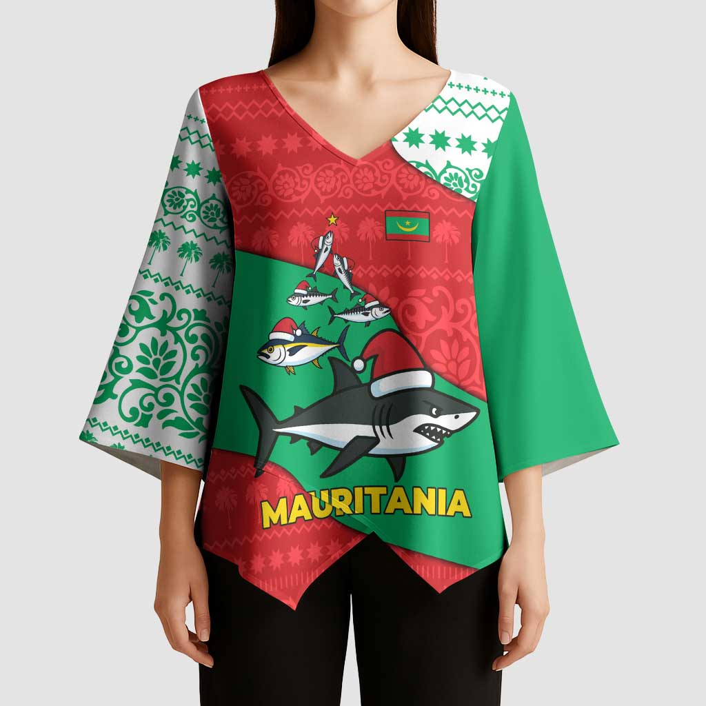 Mauritania Christmas Kimono Sleeve Blouse with Santa Sharks Festive Fish Pattern and Red Green Holiday Design - Wonder Print Shop