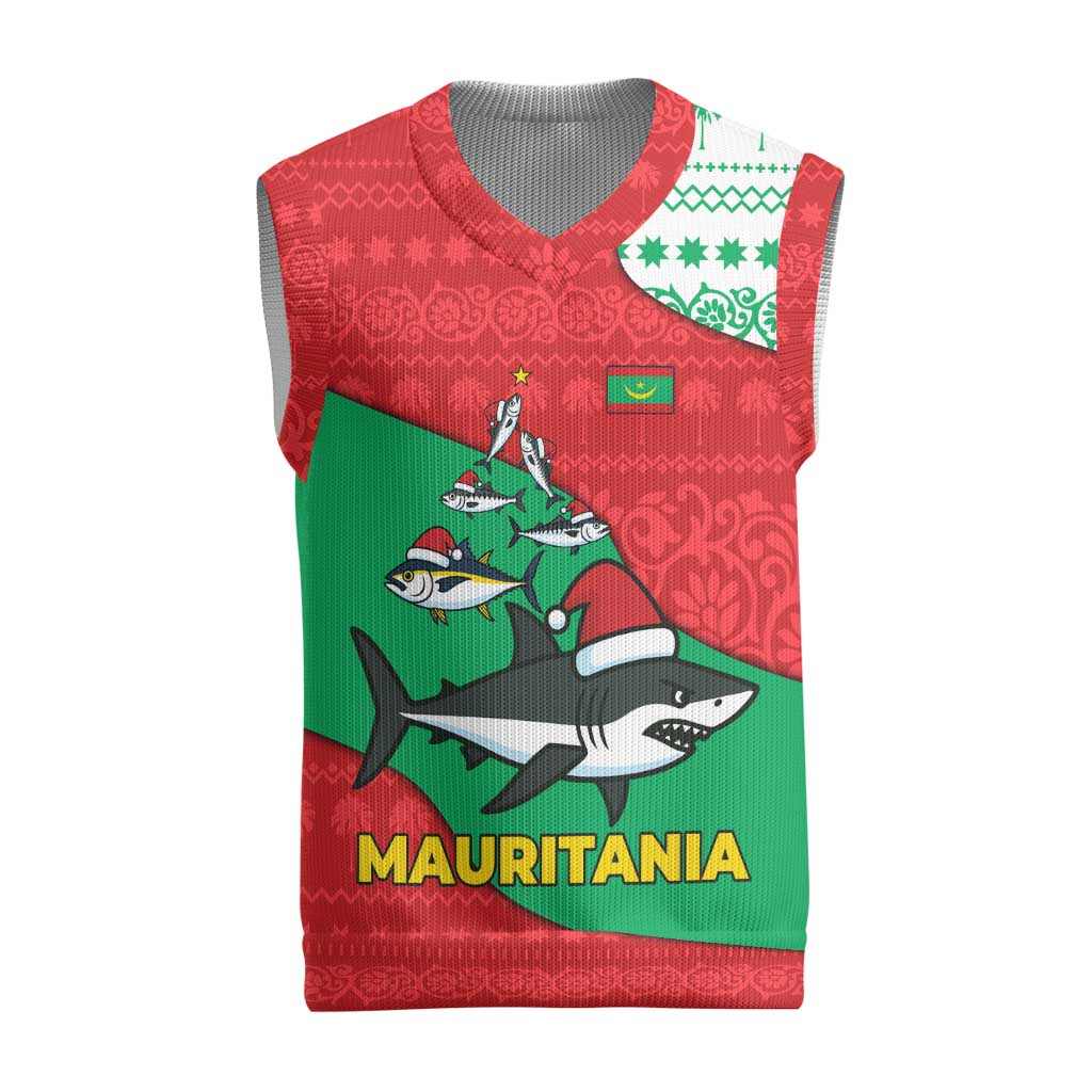 Mauritania Christmas Knitted V-Neck Vest with Santa Sharks Festive Fish Pattern and Red Green Holiday Design - Wonder Print Shop