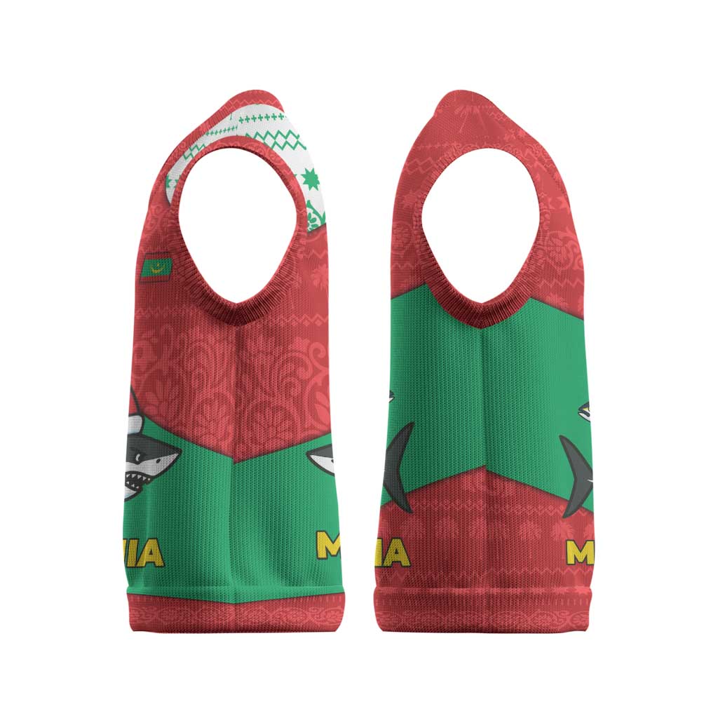 Mauritania Christmas Knitted V-Neck Vest with Santa Sharks Festive Fish Pattern and Red Green Holiday Design - Wonder Print Shop