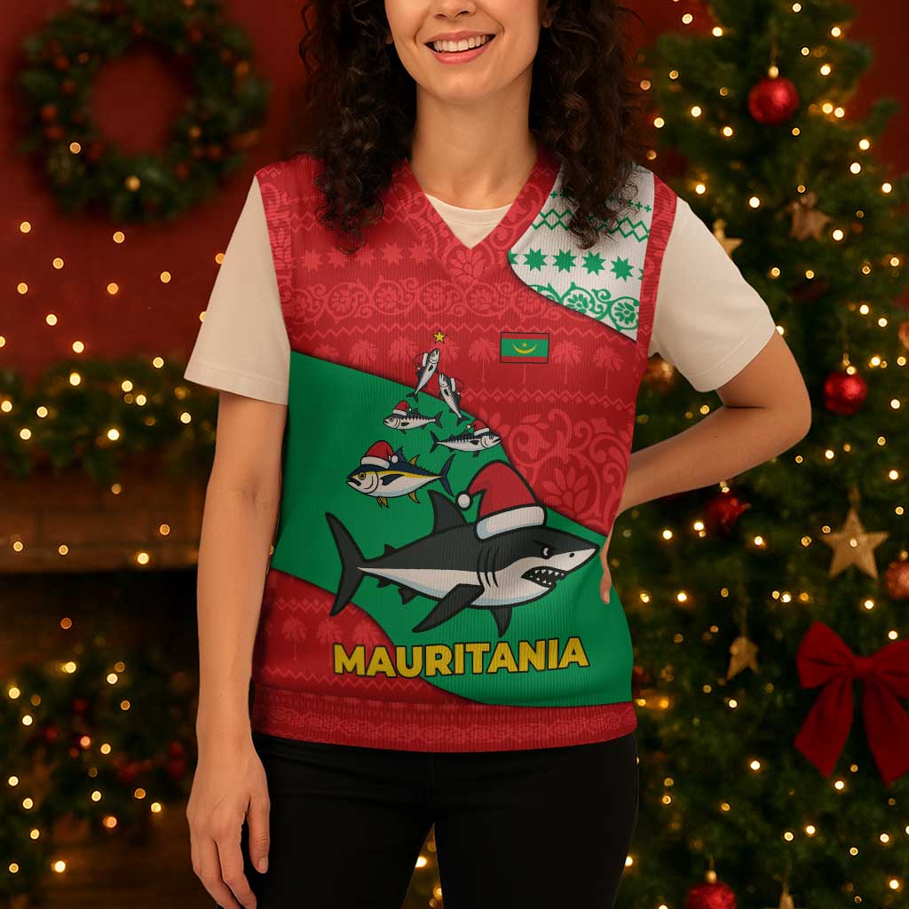 Mauritania Christmas Knitted V-Neck Vest with Santa Sharks Festive Fish Pattern and Red Green Holiday Design - Wonder Print Shop