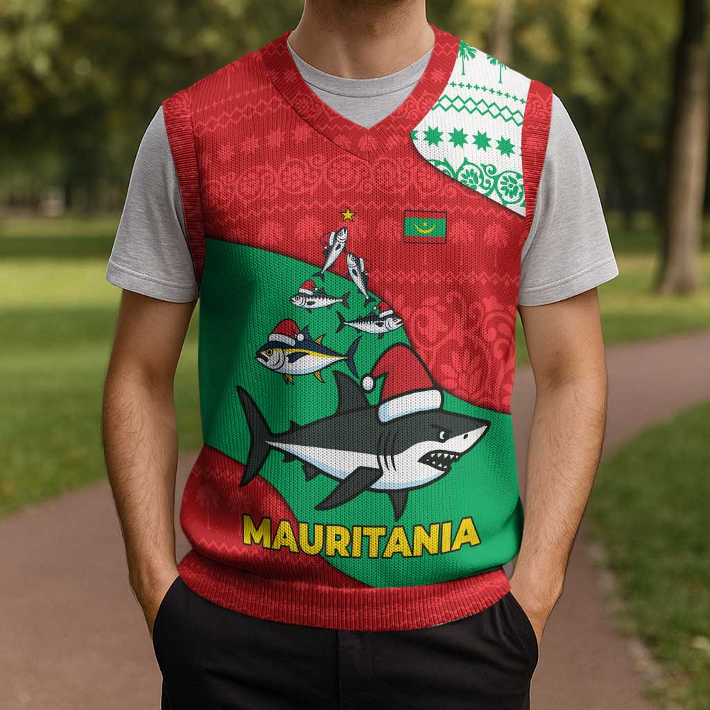 Mauritania Christmas Knitted V-Neck Vest with Santa Sharks Festive Fish Pattern and Red Green Holiday Design - Wonder Print Shop