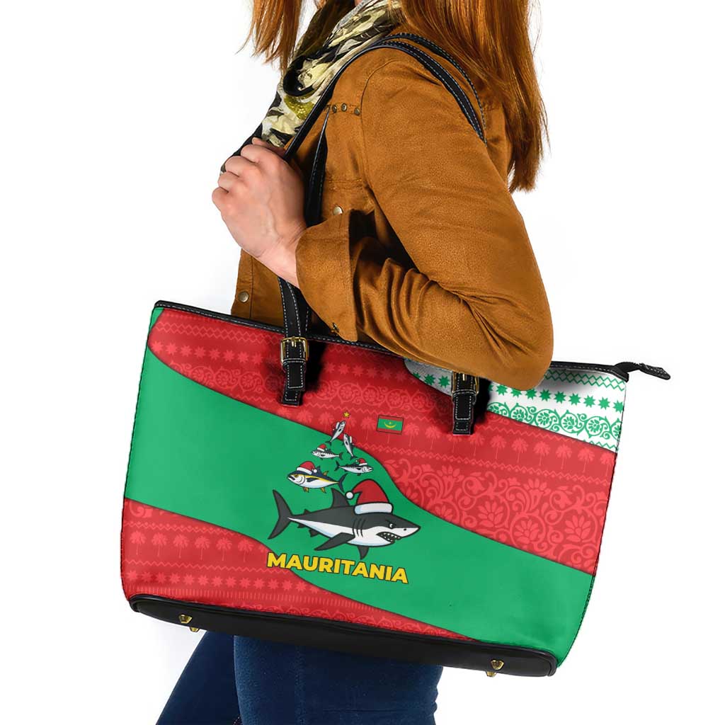 Mauritania Christmas Leather Tote Bag with Santa Sharks Festive Fish Pattern and Red Green Holiday Design - Wonder Print Shop