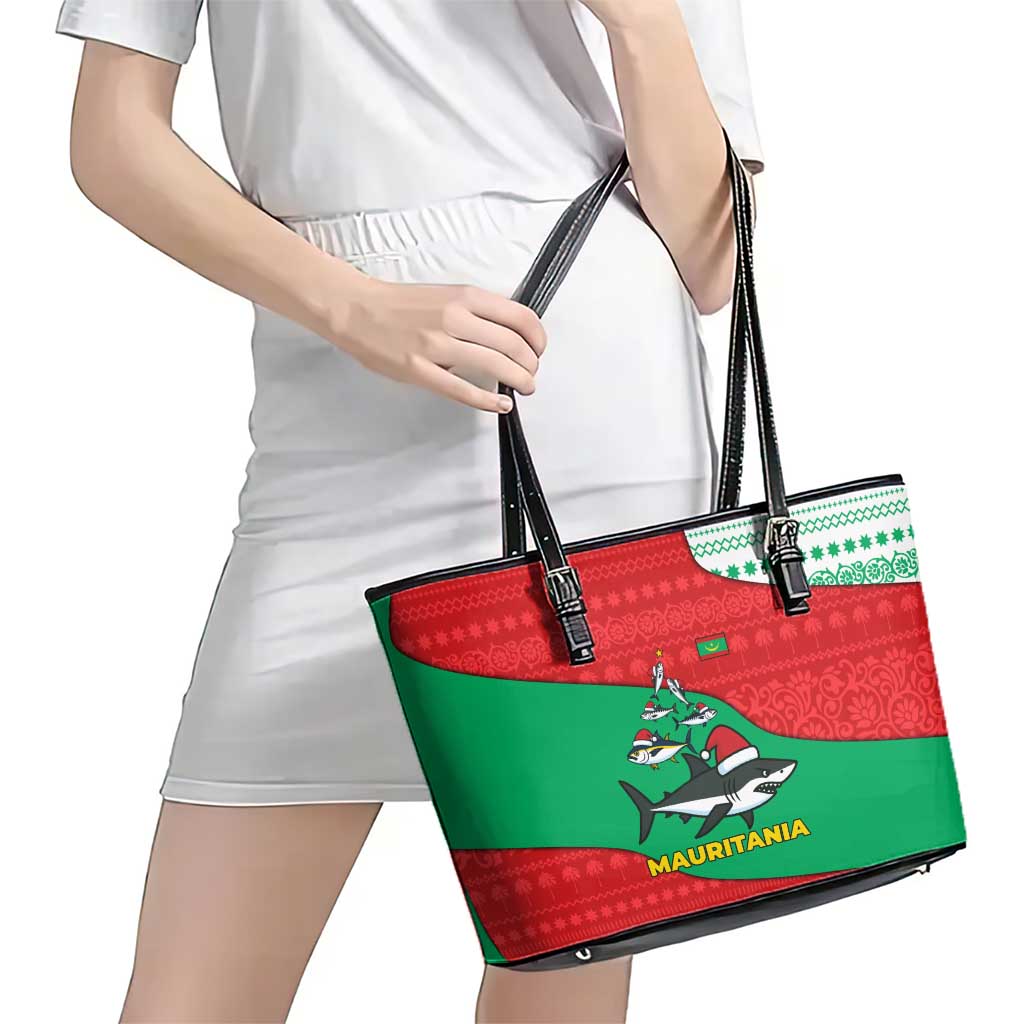 Mauritania Christmas Leather Tote Bag with Santa Sharks Festive Fish Pattern and Red Green Holiday Design - Wonder Print Shop