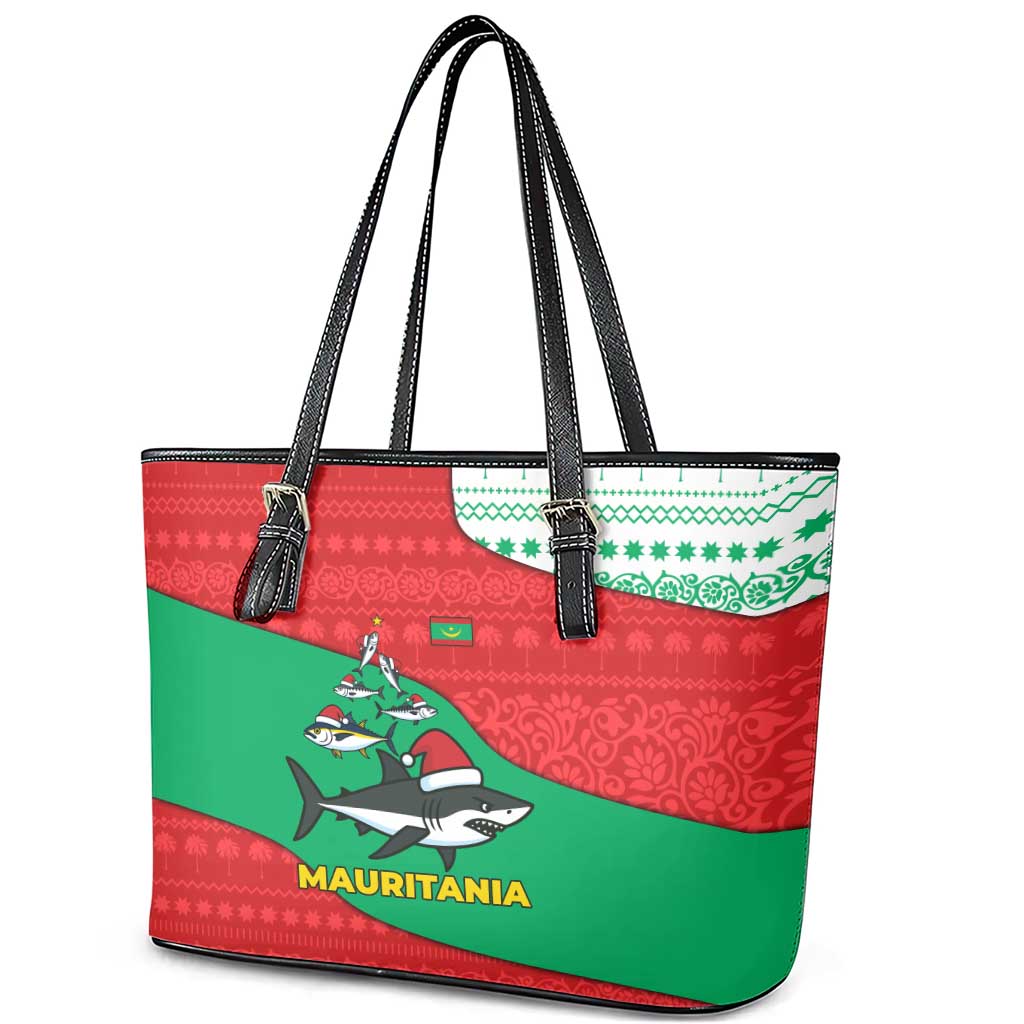 Mauritania Christmas Leather Tote Bag with Santa Sharks Festive Fish Pattern and Red Green Holiday Design - Wonder Print Shop