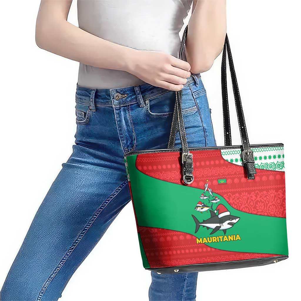 Mauritania Christmas Leather Tote Bag with Santa Sharks Festive Fish Pattern and Red Green Holiday Design - Wonder Print Shop
