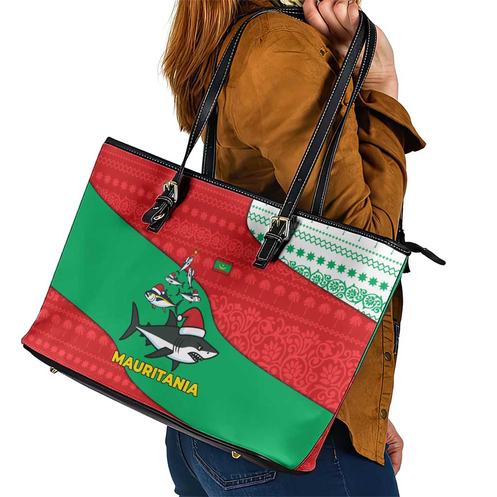 Mauritania Christmas Leather Tote Bag with Santa Sharks Festive Fish Pattern and Red Green Holiday Design - Wonder Print Shop