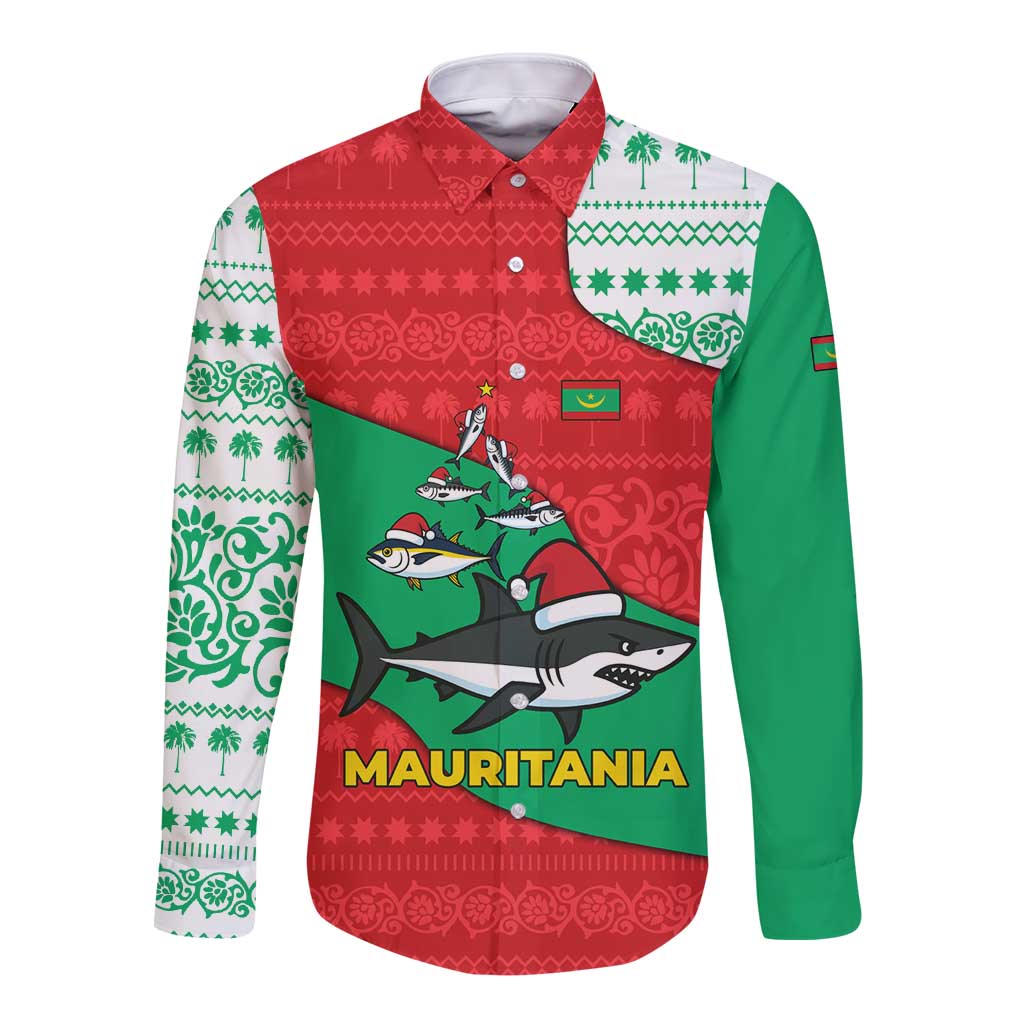 Mauritania Christmas Long Sleeve Button Shirt with Santa Sharks Festive Fish Pattern and Red Green Holiday Design - Wonder Print Shop