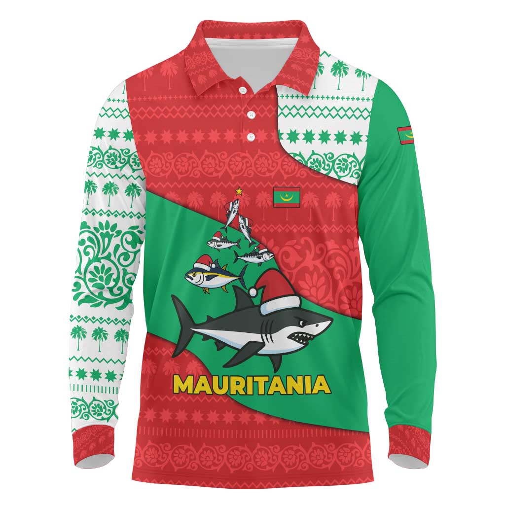 Mauritania Christmas Long Sleeve Polo Shirt with Santa Sharks Festive Fish Pattern and Red Green Holiday Design - Wonder Print Shop