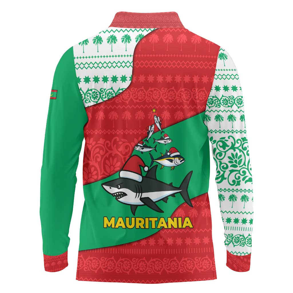 Mauritania Christmas Long Sleeve Polo Shirt with Santa Sharks Festive Fish Pattern and Red Green Holiday Design - Wonder Print Shop