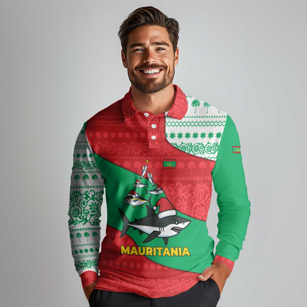 Mauritania Christmas Long Sleeve Polo Shirt with Santa Sharks Festive Fish Pattern and Red Green Holiday Design - Wonder Print Shop